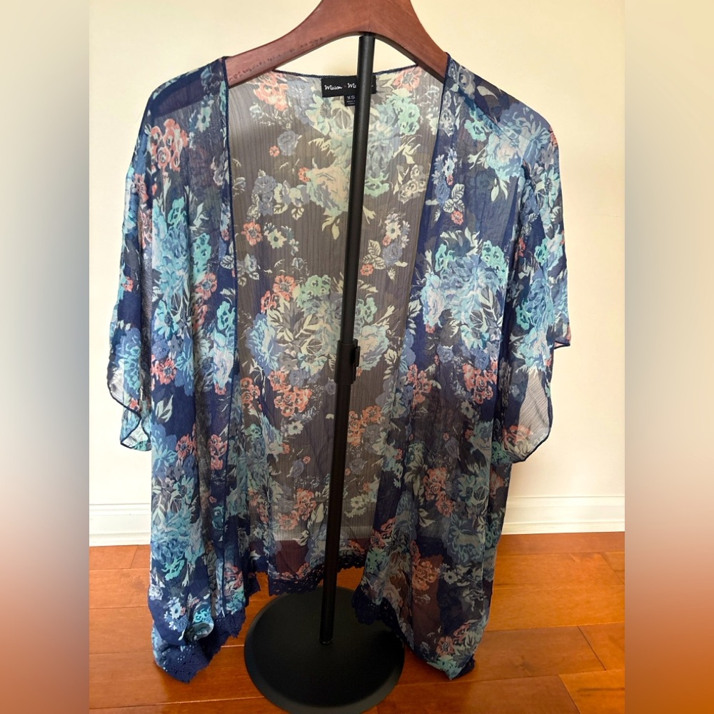 Mason + Mackenzie Navy Floral Sheer Kimono Cardigan XS EUC